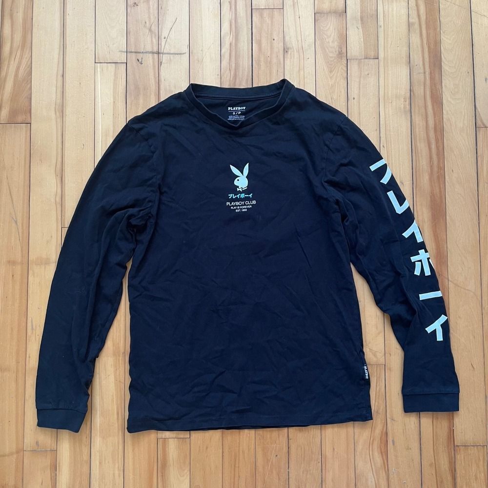 Playboy Club Long Sleeve Graphic Tee Black Anime Japan Bunny Girl Print Size S P